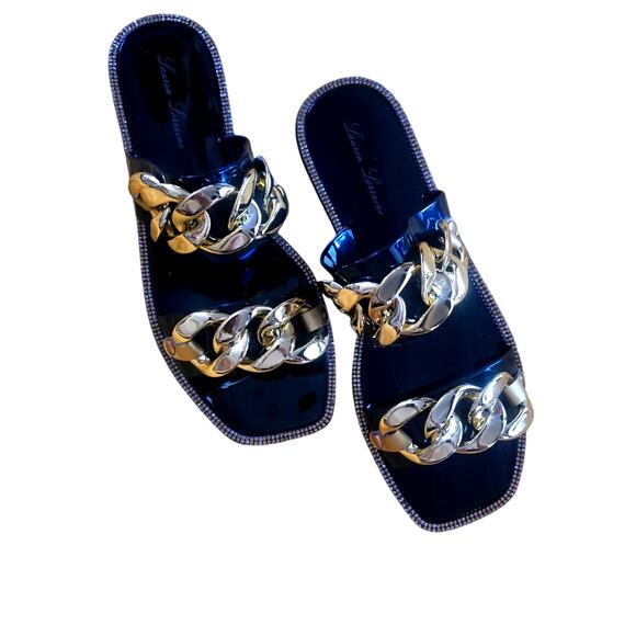 Lauren Lorraine Gold Chain Slides | Black Patent Rhinestone Sandals Size 7 NIB - Picture 1 of 6